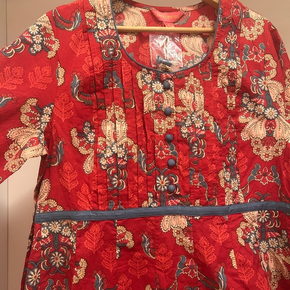 April Cornell Red Floral Pintuck Dress with Blue Trim “Firenze Dress” - Picture 4 of 13